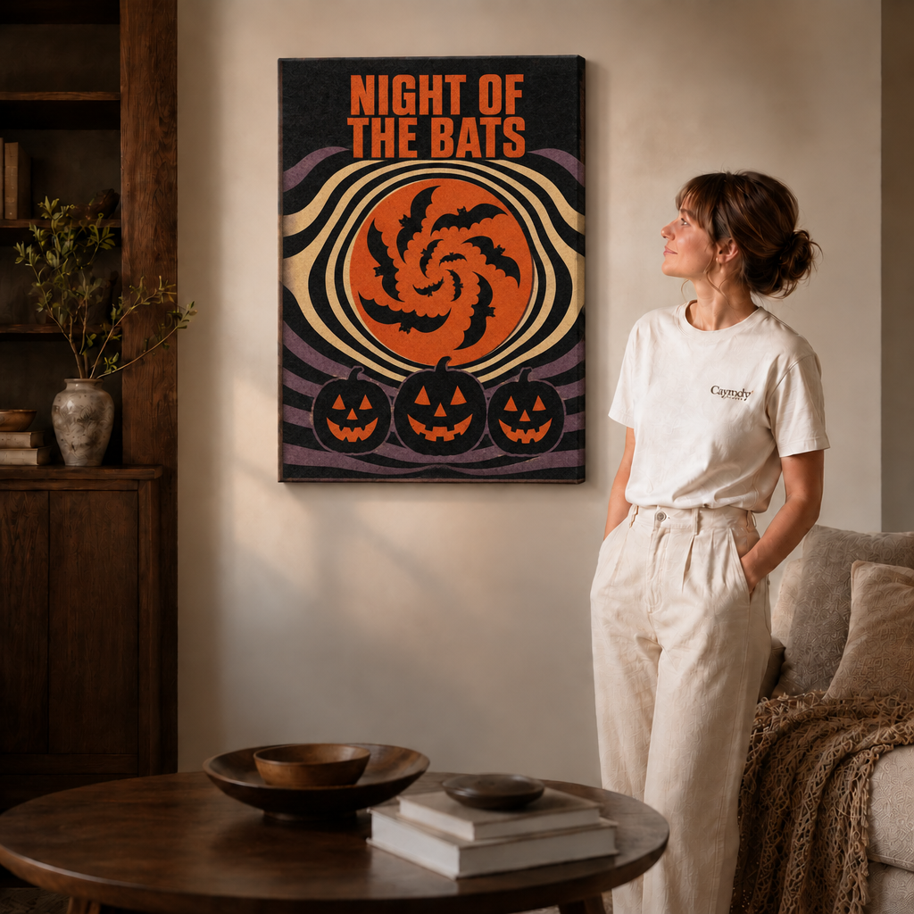 Gallery-wrapped Halloween canvas with orange bat spiral and three jack-o'-lanterns beside a woman.