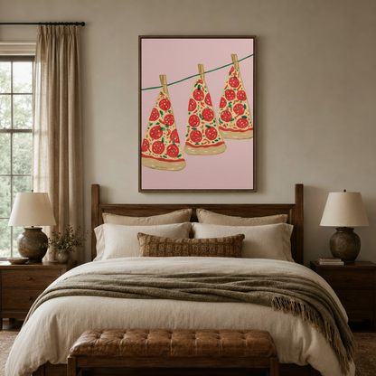 Playful pizza art print in thin walnut float frame above bed in warm neutral bedroom