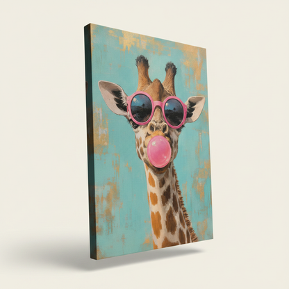 Gallery-wrap canvas of giraffe with pink sunglasses blowing bubble gum shown at angle without frame