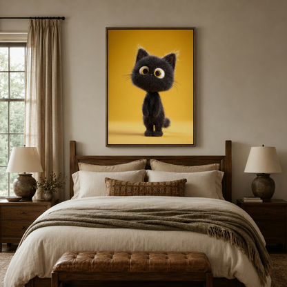 Cute black kitten canvas wall art above a rustic wooden bed in a warm neutral farmhouse bedroom