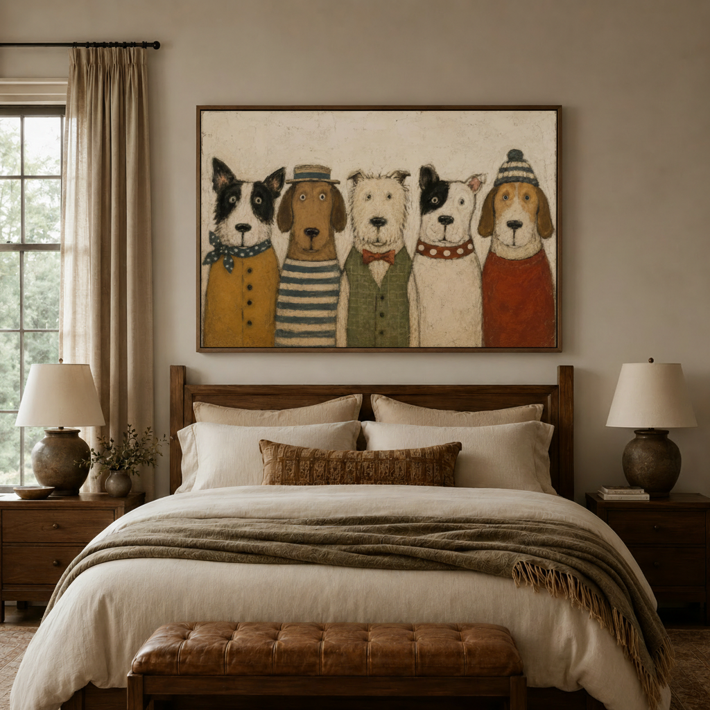 Five dressed dogs canvas wall art displayed above a cozy neutral bedroom