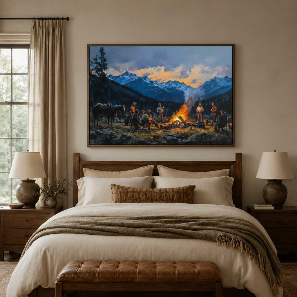 Framed western mountain campfire painting above dark walnut bed headboard in warm traditional bedroom setting