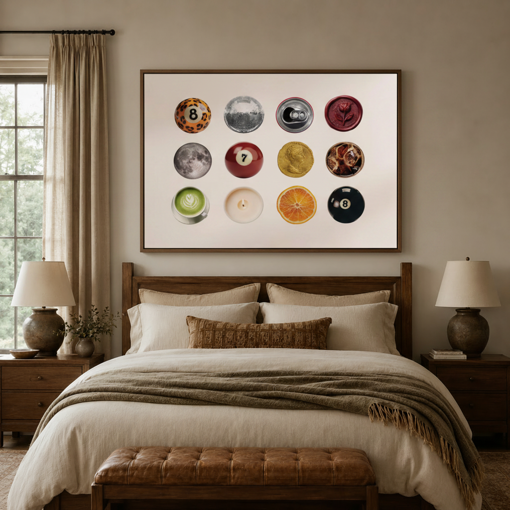 Modern collage art canvas print above a wooden bed headboard in a warm, neutral bedroom with matching nightstands