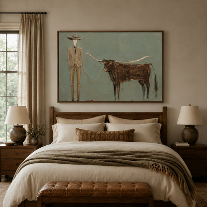 Sage green western canvas print in walnut frame above bed in cozy master bedroom