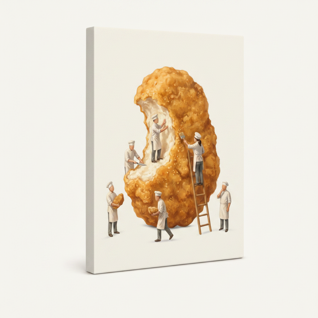 Gallery-wrapped miniature chefs fried chicken whimsical illustration canvas showing left and bottom wrap edges