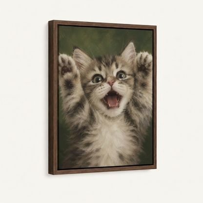 Framed kitten wall art in dark walnut float frame on white background