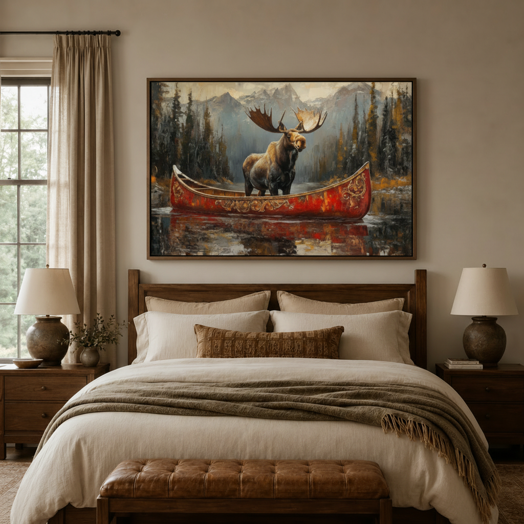 Moose canoe framed canvas art above bed in rustic warm-toned bedroom