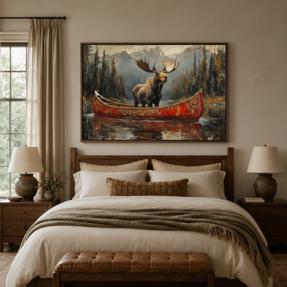 Moose canoe framed canvas art above bed in rustic warm-toned bedroom