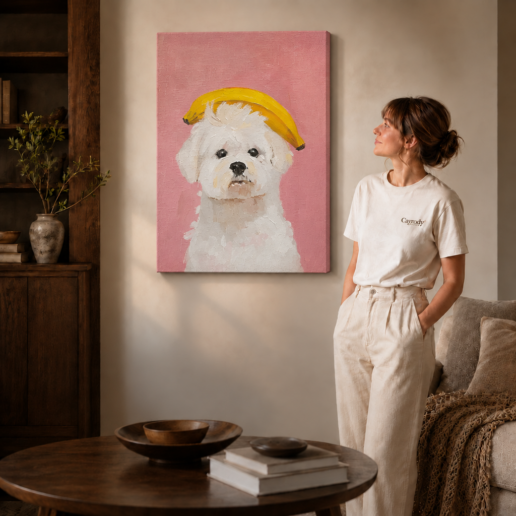 Gallery-wrapped canvas of a white dog against pink beside a woman in a white shirt.
