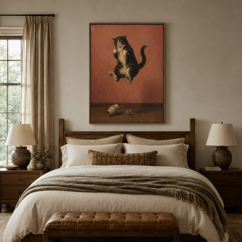 Humorous old master cat painting above bed in neutral bedroom with linen decor