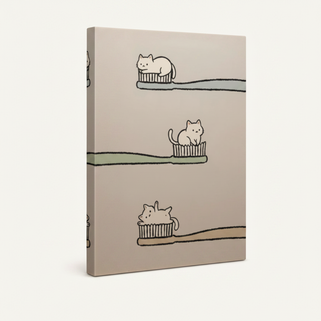 Gallery-wrapped minimalist cat toothbrush canvas with wrap edges visible, clean off-white background