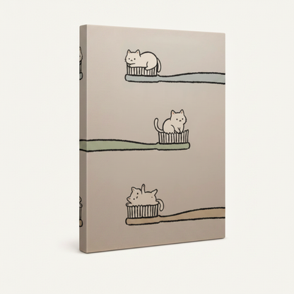 Gallery-wrapped minimalist cat toothbrush canvas with wrap edges visible, clean off-white background