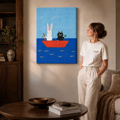 Gallery-wrapped canvas showing a rabbit and cat above blue water with small fish beside a woman.