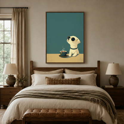 Cool dog coffee wall art framed canvas print hanging above a cozy rustic bedroom headboard