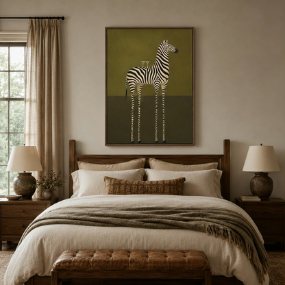 Witty zebra balancing martini glasses canvas print above dark wood bed frame in bedroom