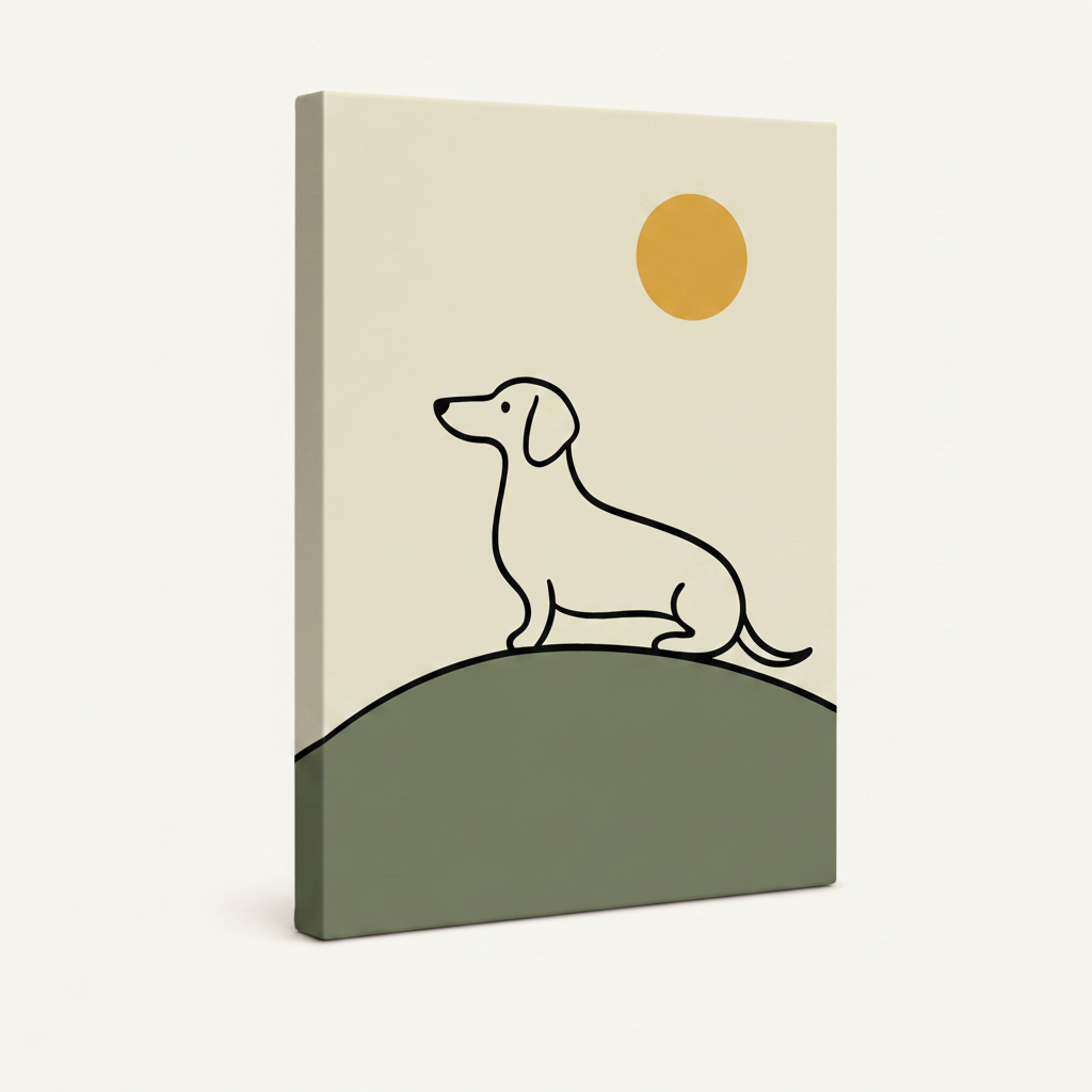 Dachshund minimalist line art gallery wrap canvas 3/4 angle view showing sage green wrapped edges on off-white background