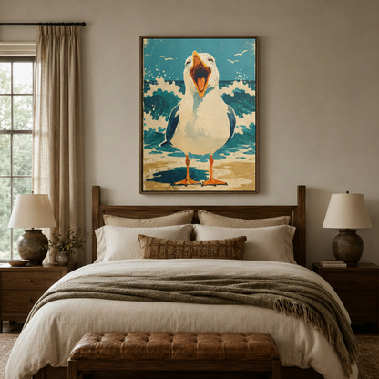 Funny seagull vintage poster canvas print in dark walnut float frame above wooden bed headboard