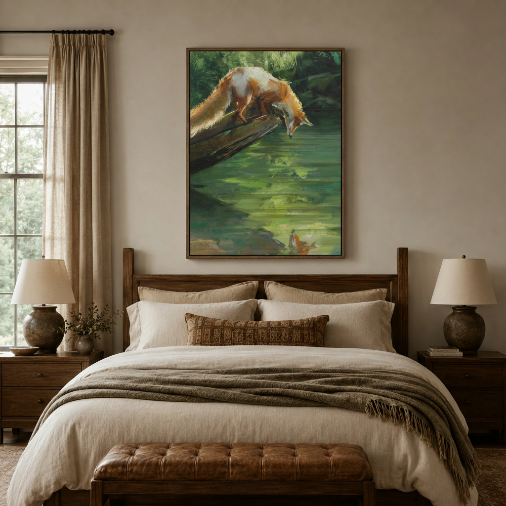 Nature forest fox canvas art with emerald green pond reflection displayed above a linen bed in a cozy bedroom