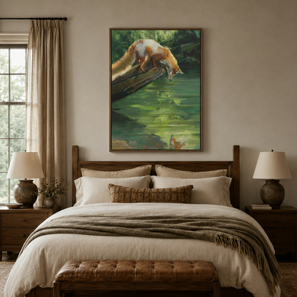 Nature forest fox canvas art with emerald green pond reflection displayed above a linen bed in a cozy bedroom