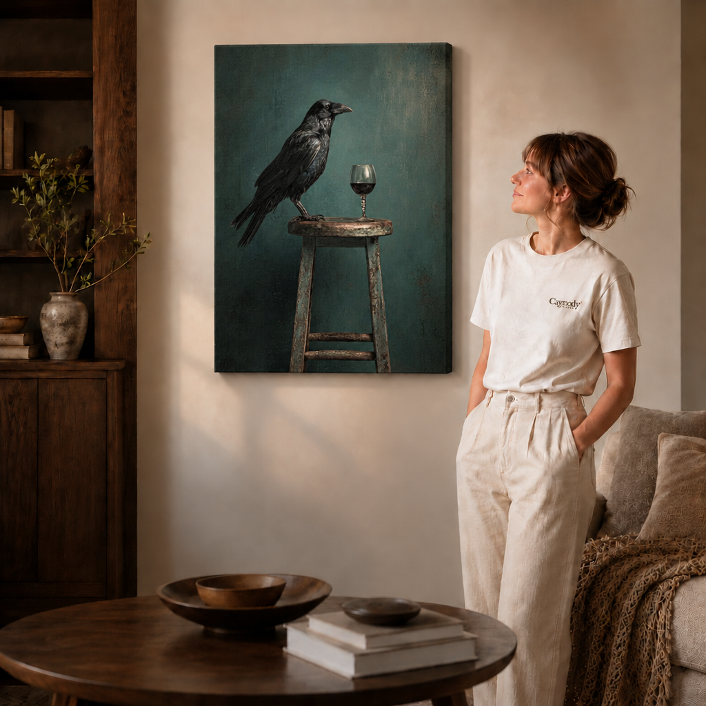 Frameless raven wine canvas displayed beside a woman in a cozy contemporary living room