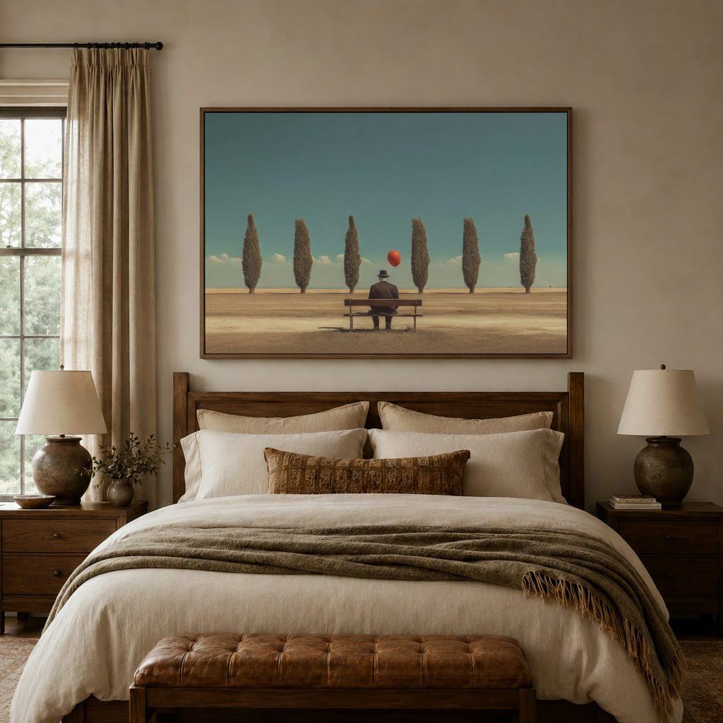 Surrealist man with red balloon canvas art displayed above bed in a warm bedroom setting