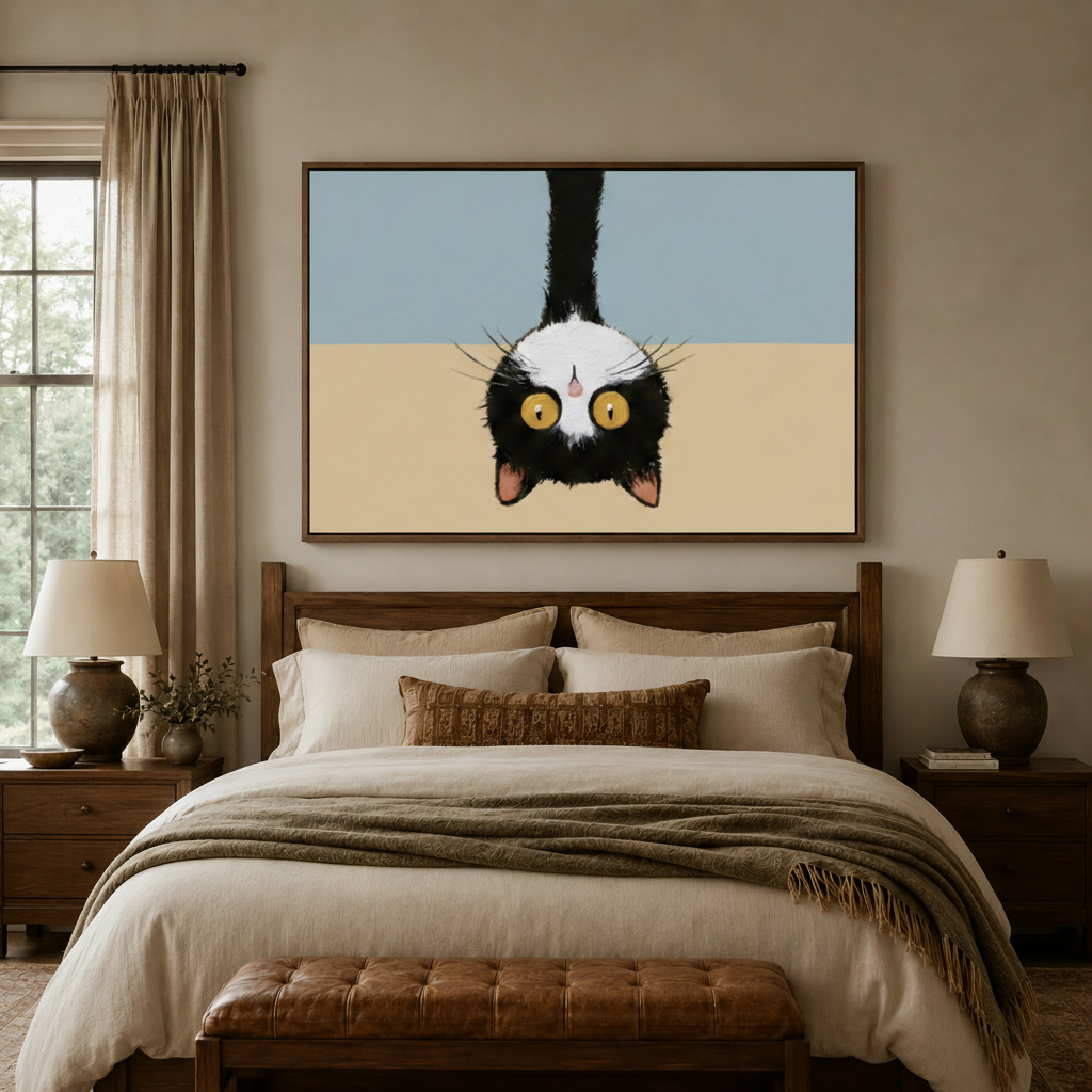 Playful tuxedo cat canvas wall art hanging in a serene bedroom above a wooden headboard