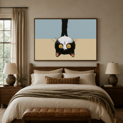 Playful tuxedo cat canvas wall art hanging in a serene bedroom above a wooden headboard