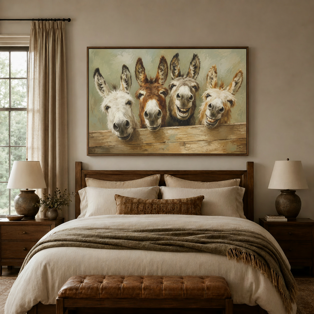 Four laughing donkeys oil painting style wall art displayed above wooden bed headboard in cozy bedroom