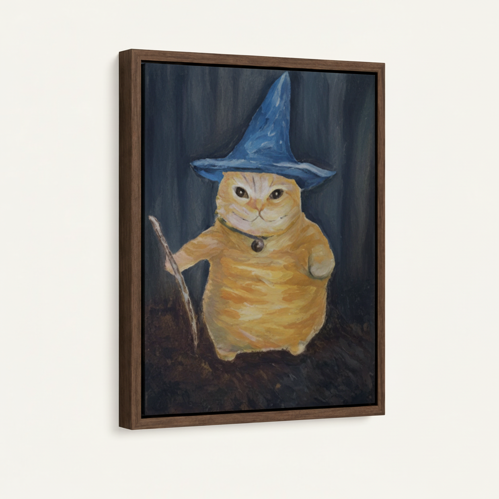 Framed canvas art of a chubby wizard cat holding a wand against a dark blue backdrop