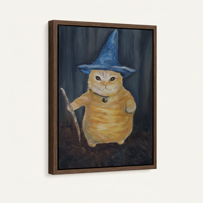 Framed canvas art of a chubby wizard cat holding a wand against a dark blue backdrop