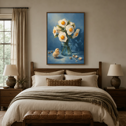 Funny fried egg bouquet wall art above bed in neutral bedroom with warm lighting