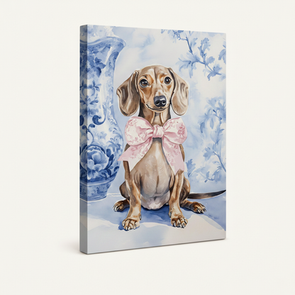 Dachshund pink bow chinoiserie watercolor gallery wrap canvas side view no frame off-white background showing canvas depth