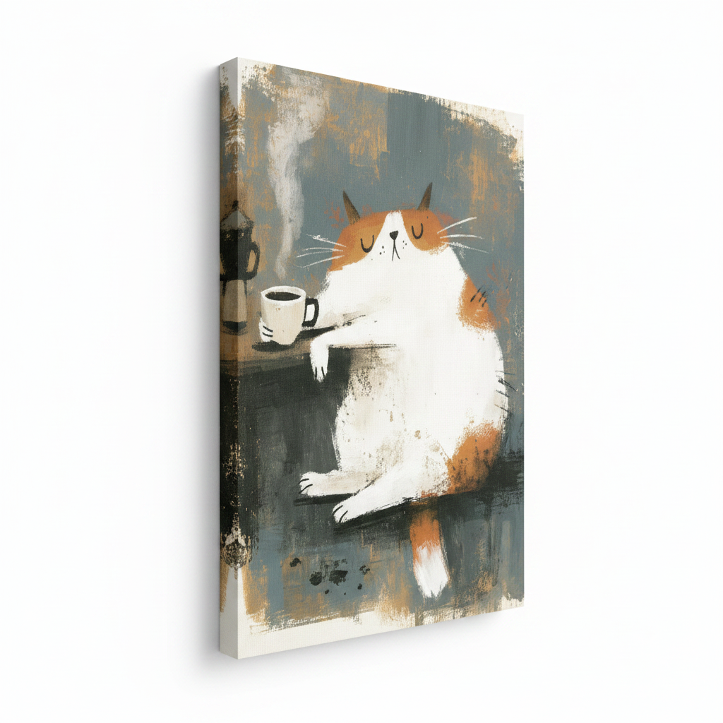 Gallery-wrapped chubby cat coffee canvas art shown at angle revealing side wrap depth and painterly texture
