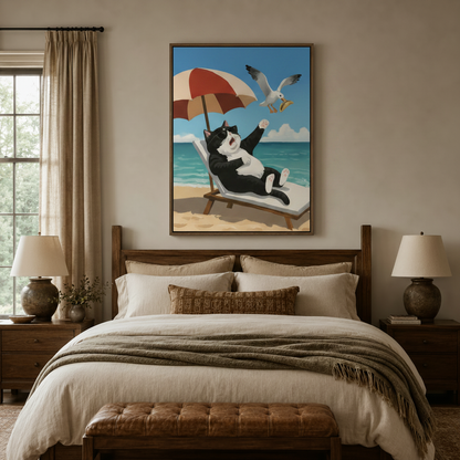 Colorful funny cat pop art framed canvas above bed in cozy bedroom setting