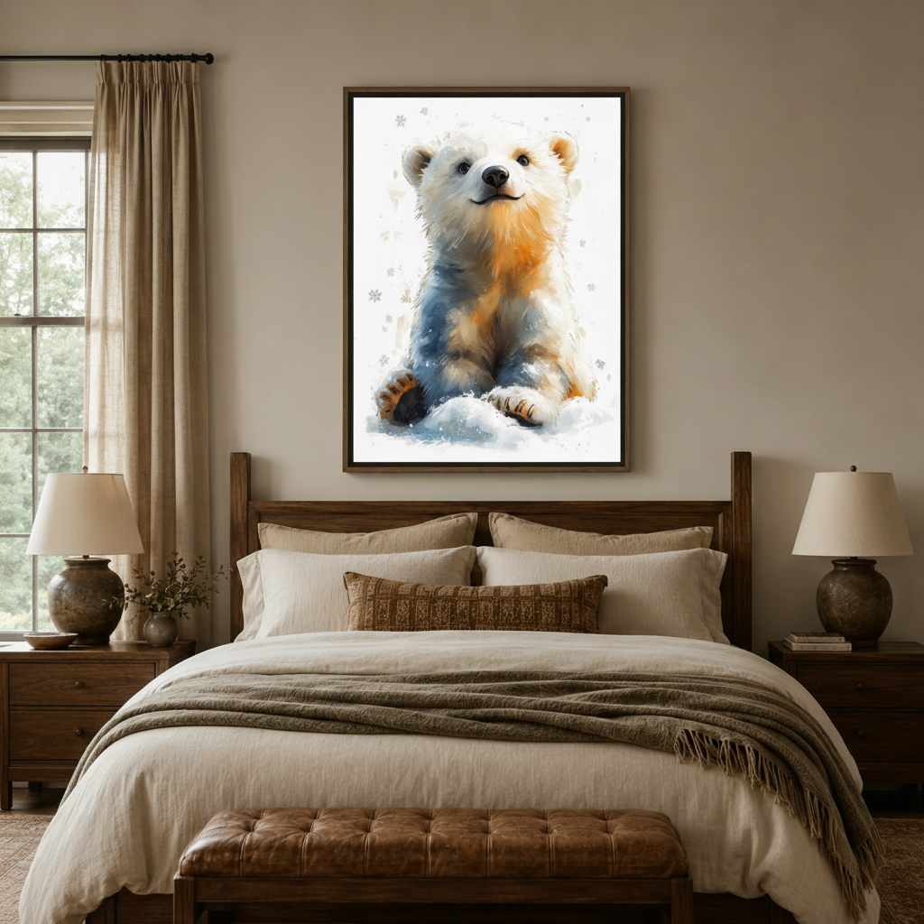 Cute polar bear cub watercolor wall art displayed above farmhouse bed in cozy neutral bedroom