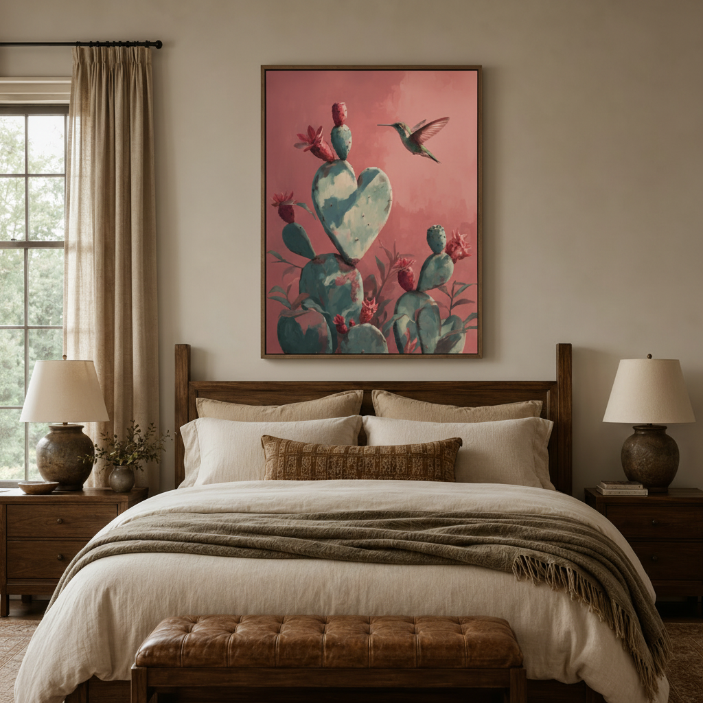 Botanical hummingbird cactus canvas print in float frame centered above dark wood bed in cozy bedroom