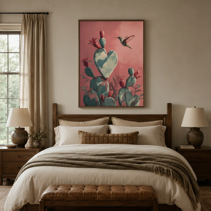Botanical hummingbird cactus canvas print in float frame centered above dark wood bed in cozy bedroom