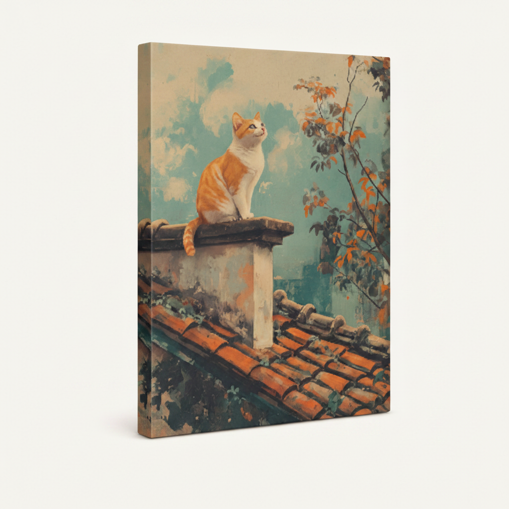 Side angle view of vintage rooftop cat canvas print showing gallery-wrapped edge detail