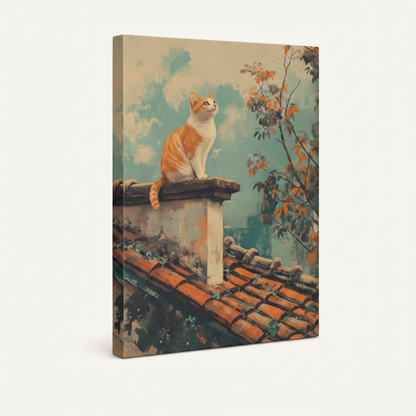 Side angle view of vintage rooftop cat canvas print showing gallery-wrapped edge detail