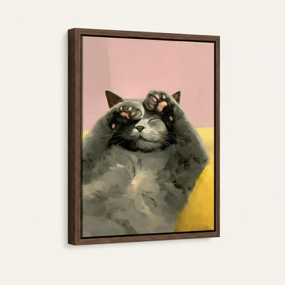  Framed canvas print with dark walnut float frame featuring chubby gray cat with paws raised in the air