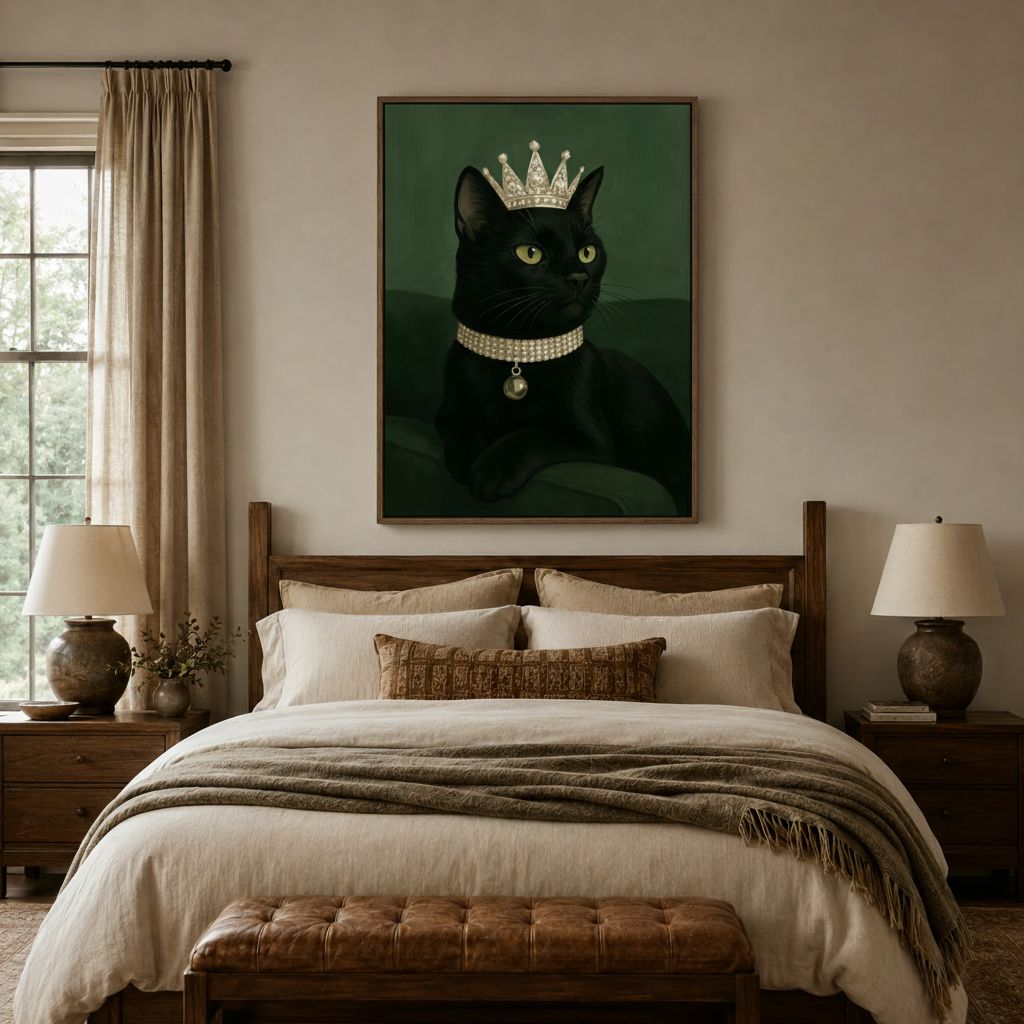 Royal black cat wearing crown canvas wall art above linen headboard in cozy neutral bedroom