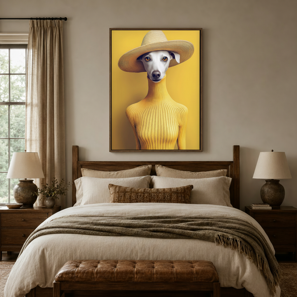 Surrealist dog in yellow turtleneck canvas wall art above wooden bed in neutral bedroom