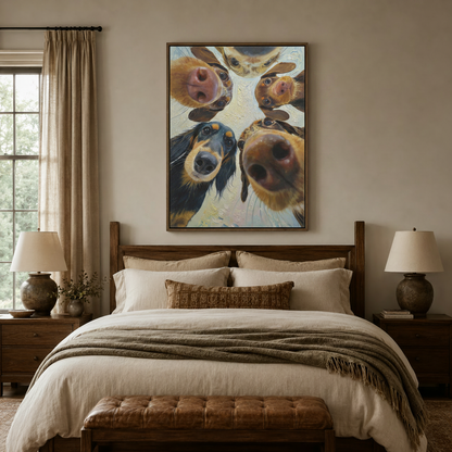 Four dogs looking down oil painting in dark walnut float frame above bedroom headboard with linen bedding