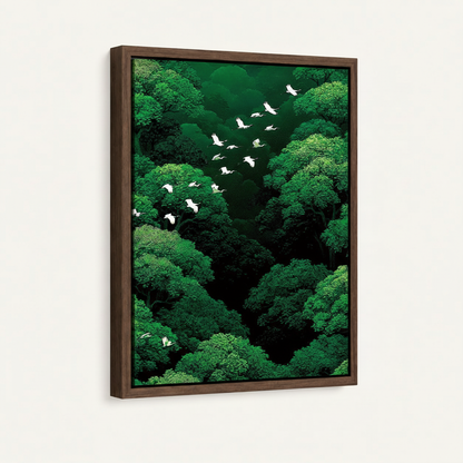 Egrets flying over forest Japanese art canvas in dark walnut float frame, 3/4 angle view