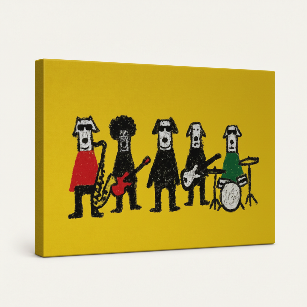 Gallery-wrapped rock band dogs pop art canvas, 3/4 angle view showing yellow wrap edges
