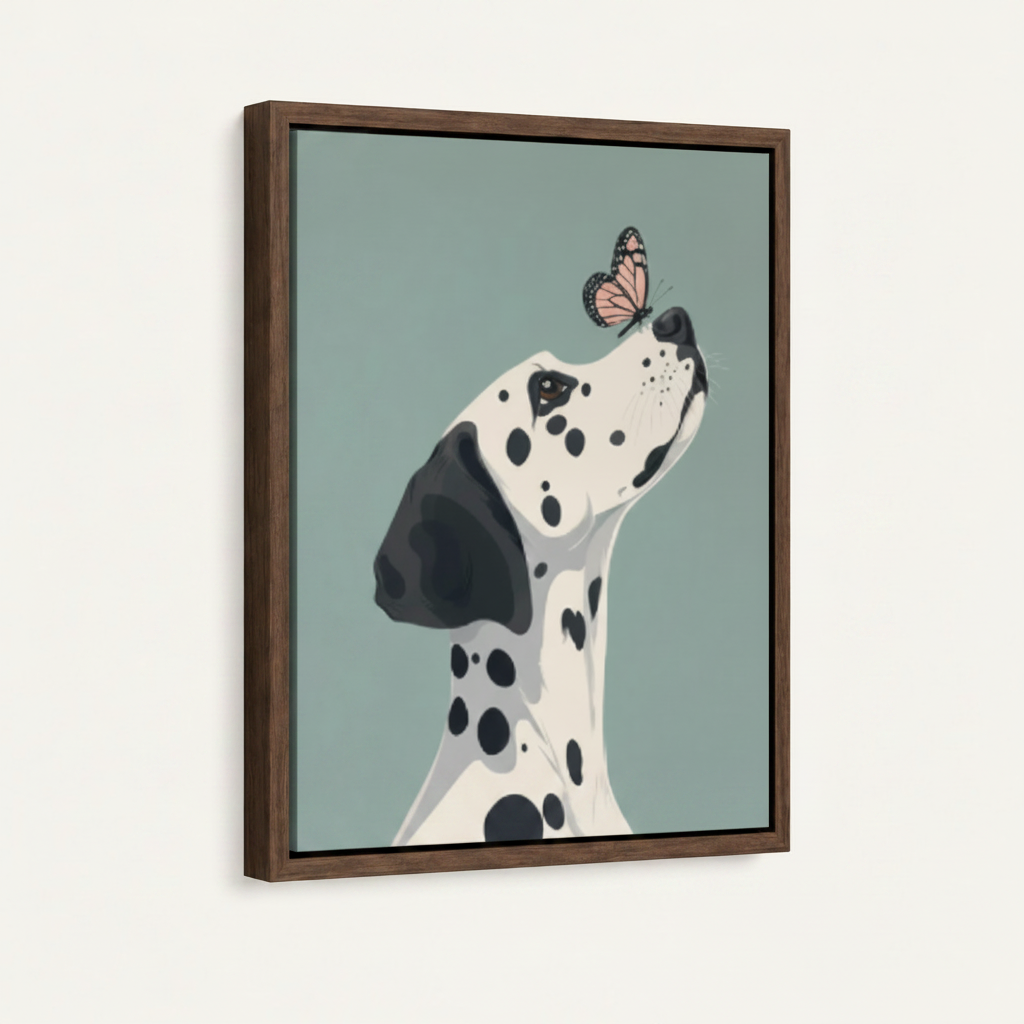 Dark walnut float frame Dalmatian with butterfly canvas print mounted on a white wall, front angle view