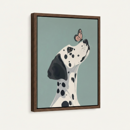 Dark walnut float frame Dalmatian with butterfly canvas print mounted on a white wall, front angle view