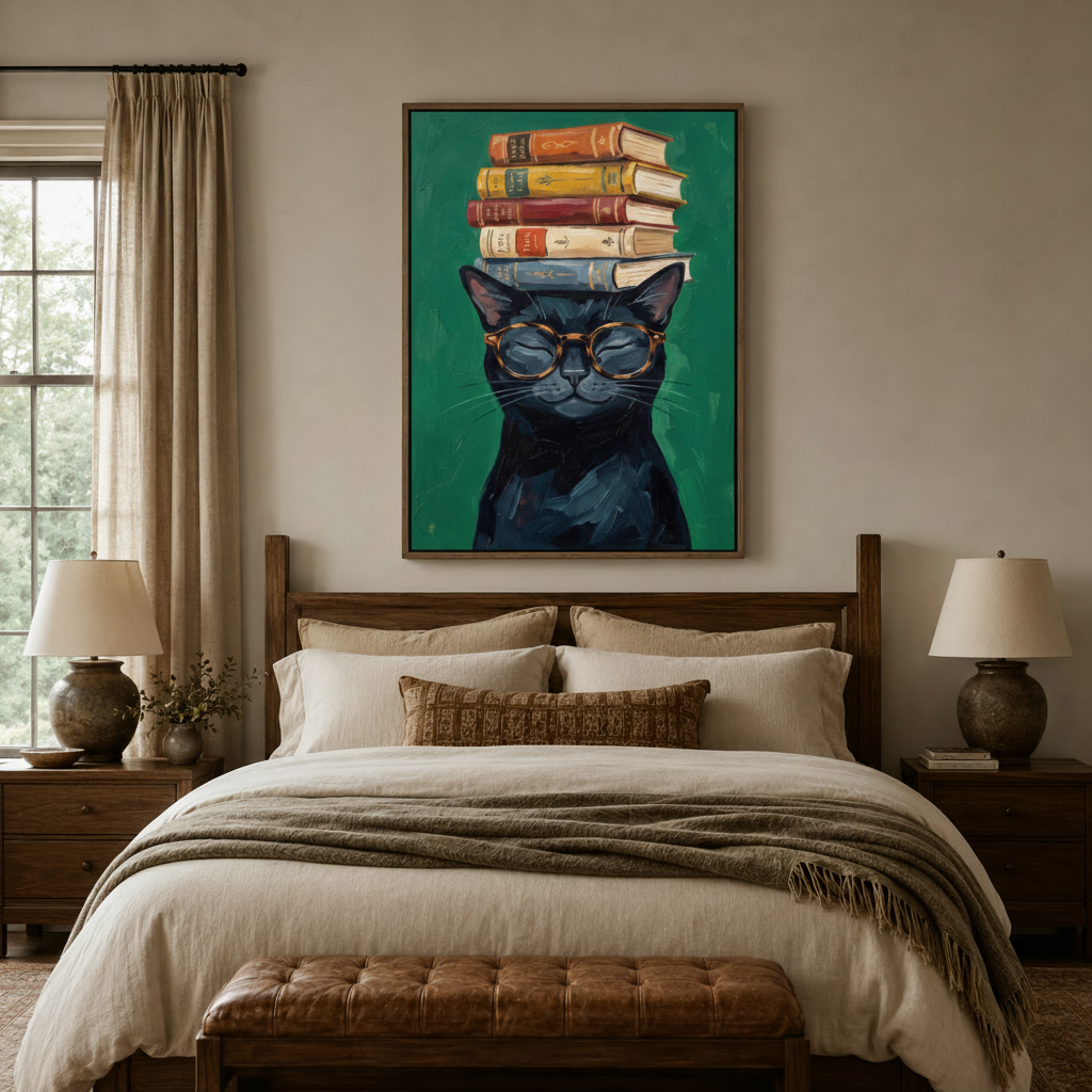  Black cat with books canvas wall art above wooden bed in cozy neutral bedroom with warm lamps