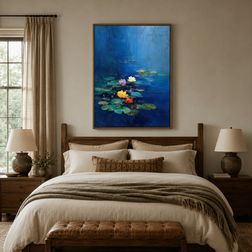 Monet-inspired water lily canvas print hanging above dark wood bed frame in a cozy bedroom