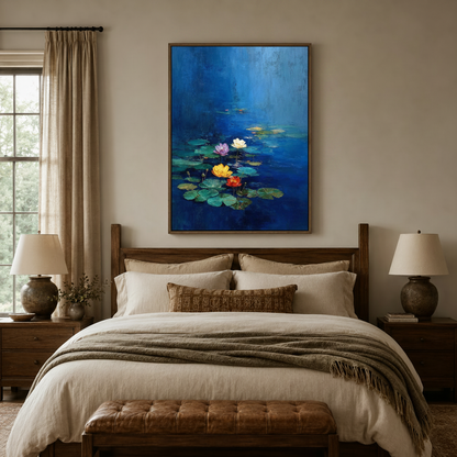 Monet-inspired water lily canvas print hanging above dark wood bed frame in a cozy bedroom